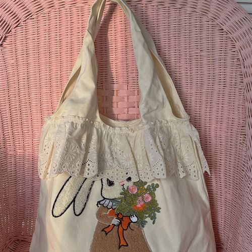 夏季可爱小兔包包蕾丝花边单肩包大容量背心帆布袋学生上课手提袋