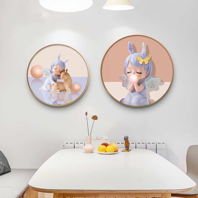 儿童女孩房装饰画粉色可爱卡通圆形床头挂画北欧餐V厅温馨卧室壁图片