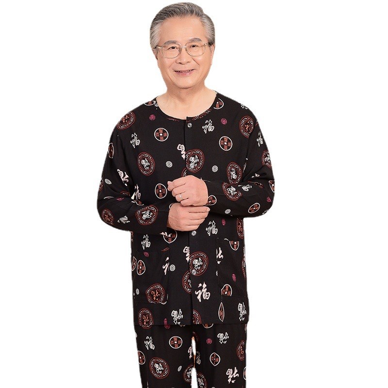 中老年春夏长袖T恤男老人棉绸y套装爷爷绵绸开衫人造棉爸爸家居服