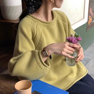 法式洋派黄色针织衫毛衣套头2023新款女L秋季粗棒针宽松慵懒风上