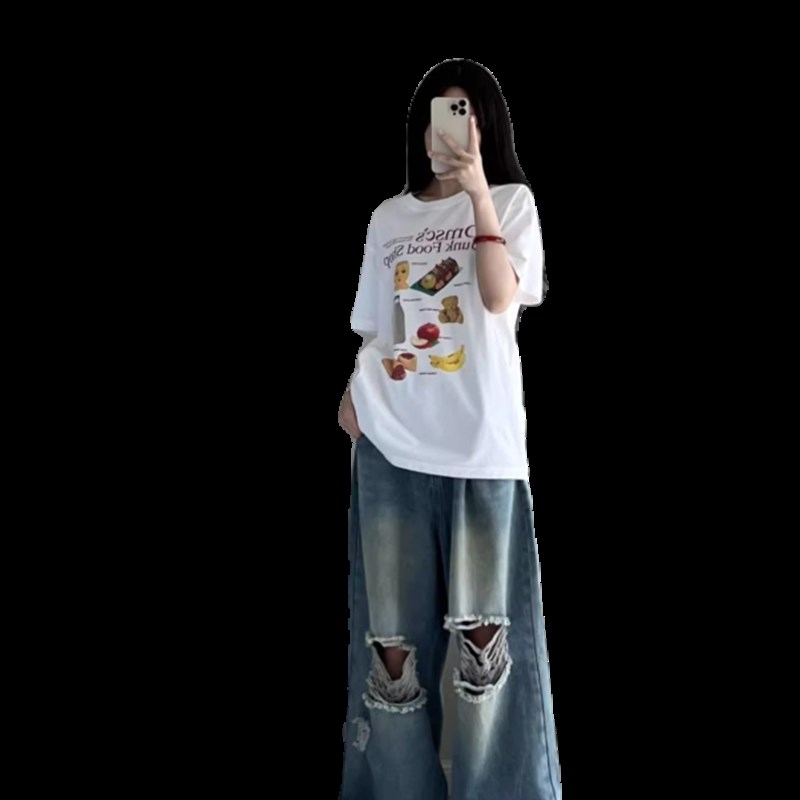 大码300斤美式破洞牛仔裤男女装夏季松紧腰直筒Q阔腿宽松拖地长裤