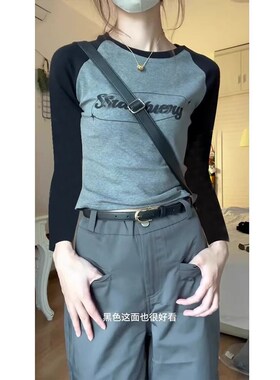 美式复古撞色插肩长袖t恤女秋季新款小个子修Q身正肩短款露脐上衣