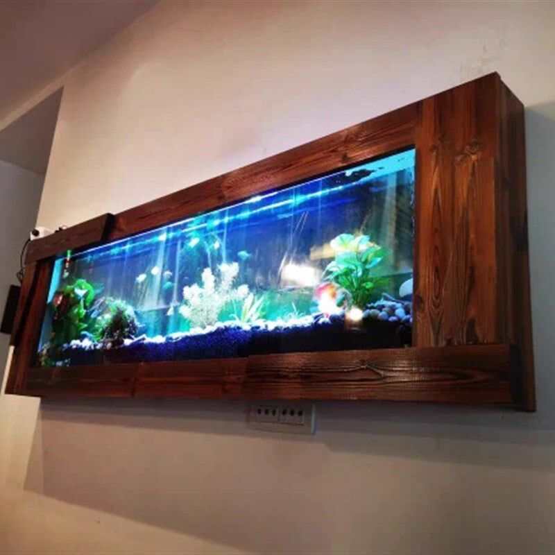 定制厂销碳化木壁挂式生态鱼缸挂墙水族箱壁挂式玻璃鱼缸1米