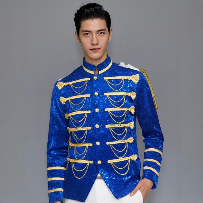 新品男士黑银红色亮o片演出服主播潮流西装夜场歌手服装军装礼服