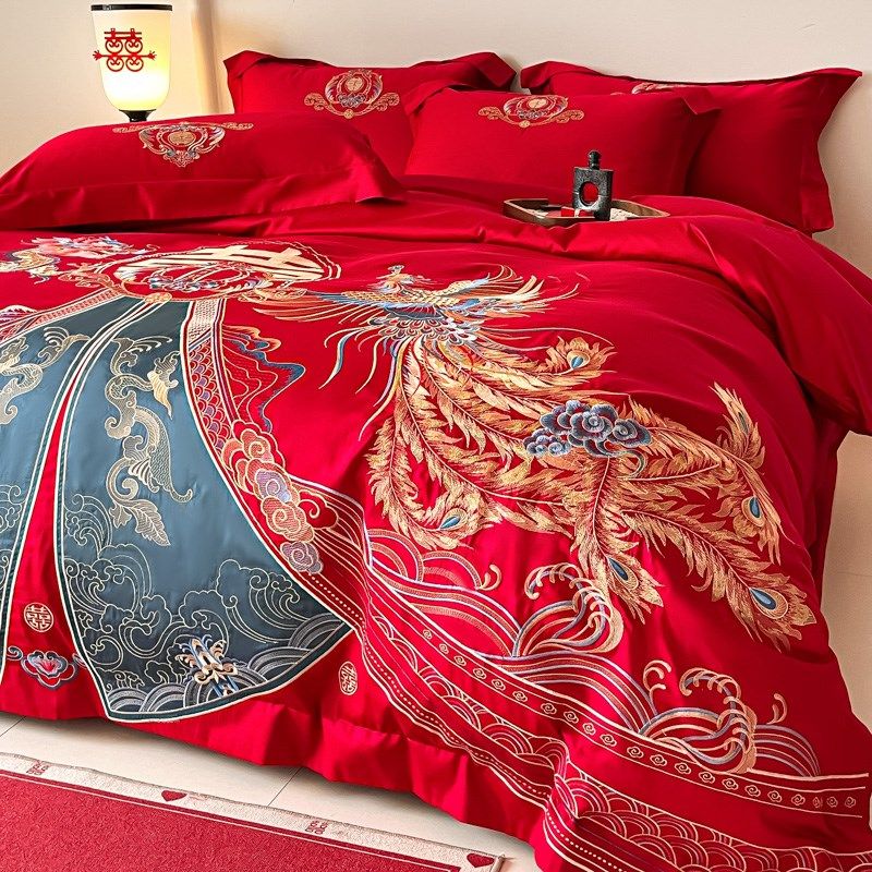 中式婚庆四件套大红色龙凤刺绣被套结婚床上用品婚房喜被,床上用品,婚庆床品套件,淘宝优惠券,粉丝福利购,淘宝优惠卷