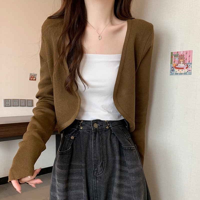 黑色防晒针织开衫女夏季薄款外搭配D吊带裙空调罩衫短款小披肩外