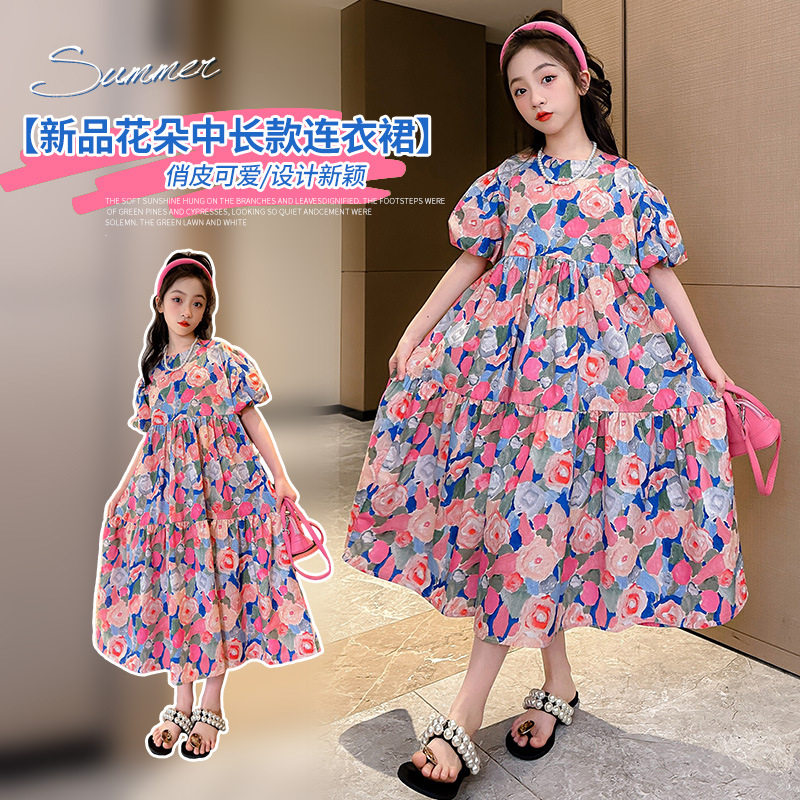 韩国女童洋气碎花个性连衣裙夏季新款中大童韩版舒适百搭纯棉长裙