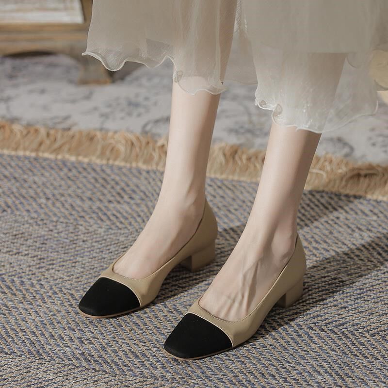 店主自留新款~羊皮低跟单鞋女夏季法式中跟浅口方头粗跟高跟鞋