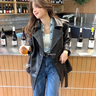 翻领双排扣气质绵羊皮大码 春季 中长款 2023新款 风衣外套女 真皮西装