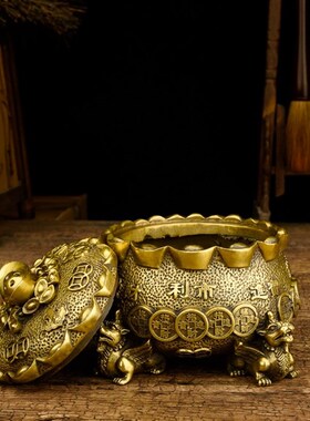 纯铜聚宝盆有盖貔l貅香薰炉招财客厅玄关铺面旺财镇宅风水摆件