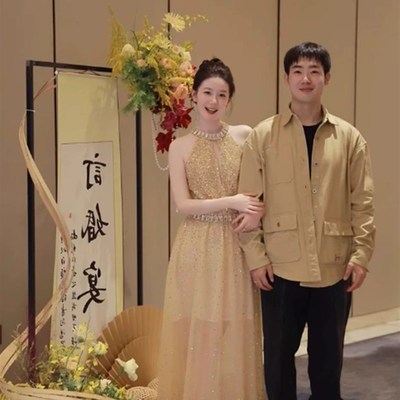 热销新中式晨袍女新娘订婚礼服裙高端轻奢小众重工钻饰亮片挂脖连