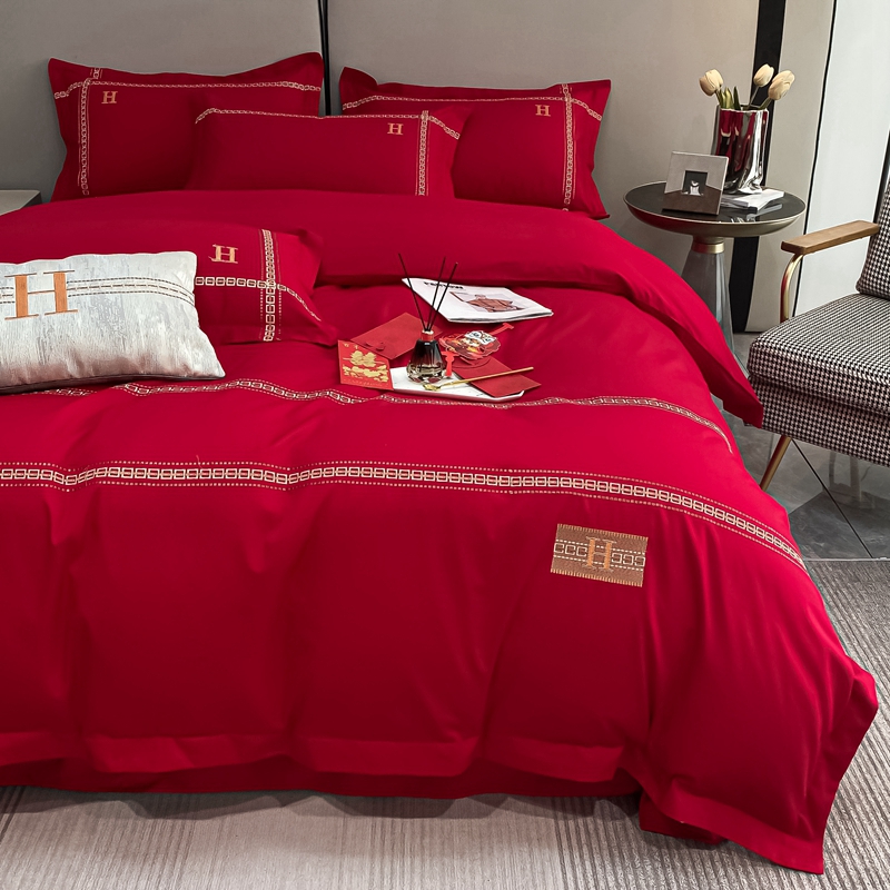 高档奢华欧式婚庆四o件套大红色床单被套全棉纯棉简约结婚床上用