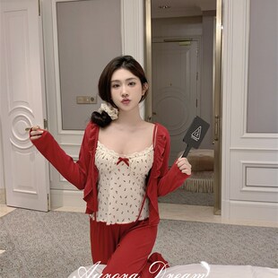 欧若拉睡衣女【莫奈玫瑰】定制款红色本命年三件套带胸垫家居服
