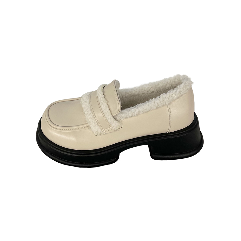 油桃Yoto白色加绒保暖小皮鞋女2B023冬款一脚蹬保暖百搭学院风棉