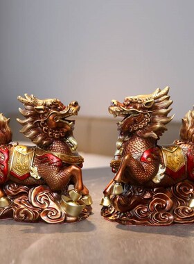 纯铜麒麟摆件一对火麒麟办公室新中式家居饰品客厅玄关乔迁礼品