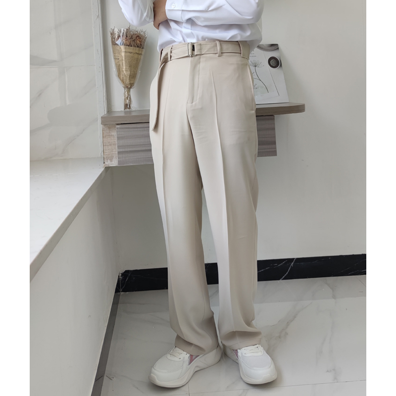 配腰带西裤垂坠滑感冰丝宽松直筒男士休闲阔腿长裤免W烫抗皱灰白