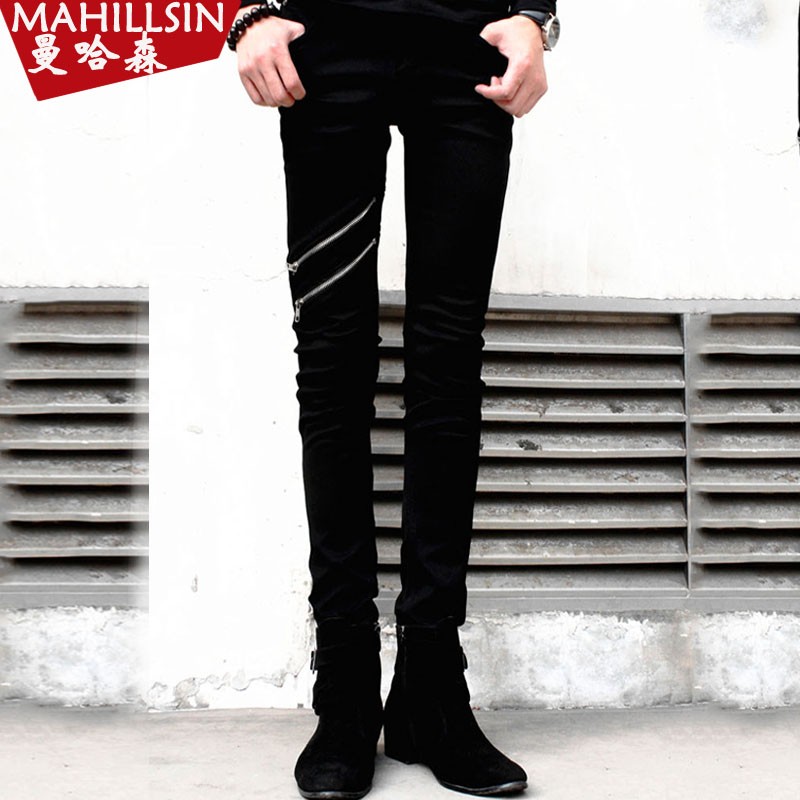 秋季新款男士黑色拉链牛仔裤男小脚裤修身铅笔裤子男长裤子韩版潮