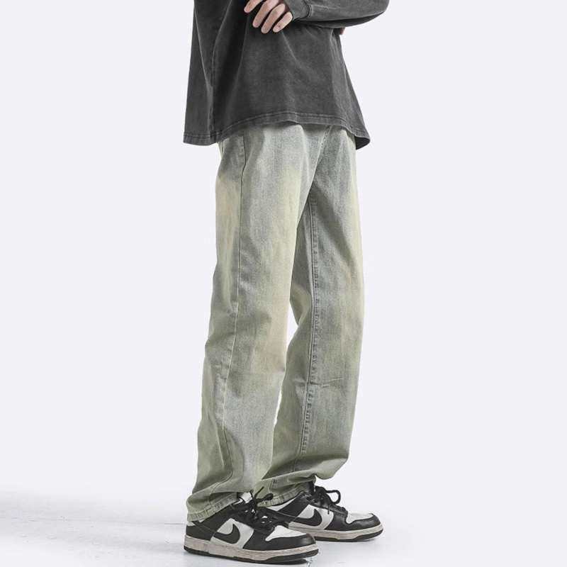 美式牛仔裤男水洗做旧复古黄泥染加绒裤秋冬潮牌高街宽松直筒裤子