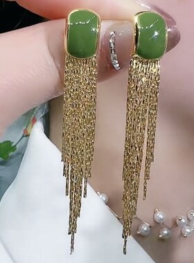 绿色滴油几何耳环j小众设计气质长款流苏耳坠高级感圆脸显瘦耳饰
