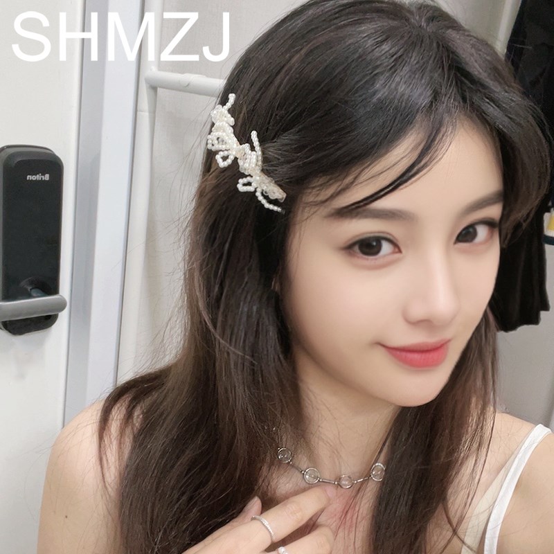 网红少女简约风气质珍珠发夹女边夹一字夹串珠头饰小女孩发卡