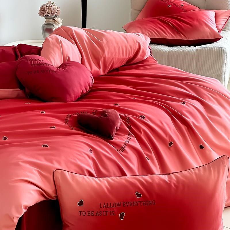 高级感渐变爱心长绒棉四件套全棉纯棉婚庆被套床单结婚房送礼床品