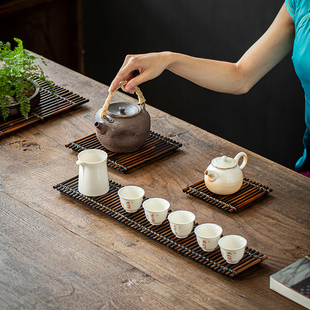 竹排仿古干泡台小号茶台竹茶壶茶杯托盘茶垫功夫茶具 手工编织日式