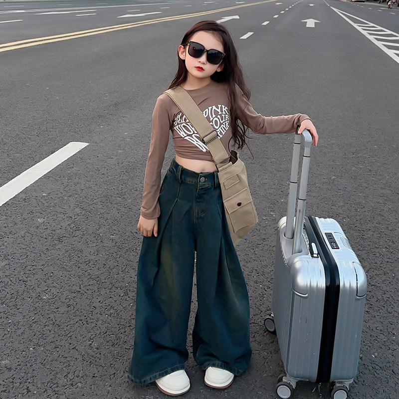 热销女童洋派牛仔裤秋装2023秋季新款中大童喇叭裤阔腿裤时髦女孩