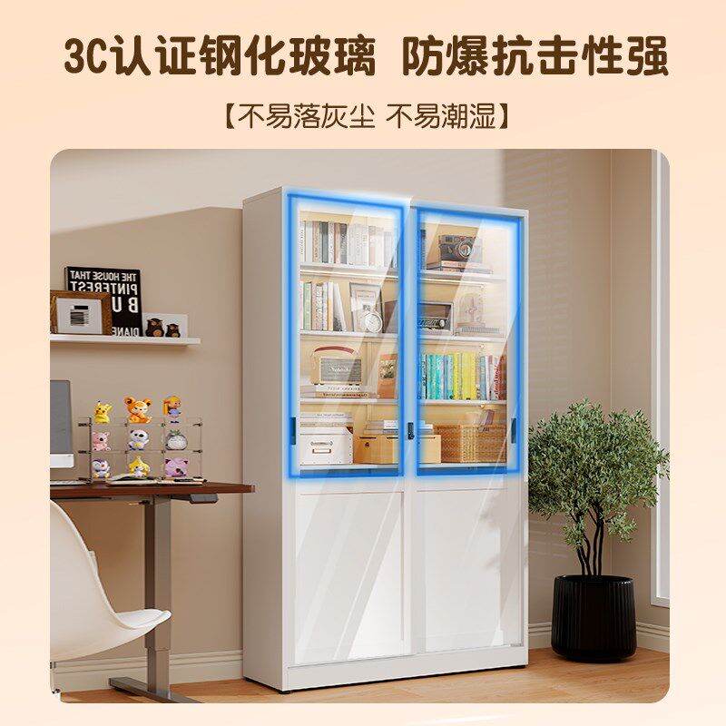 家用钢制移门书柜儿童书架防尘玻璃展示柜推拉门落地收纳柜储物柜