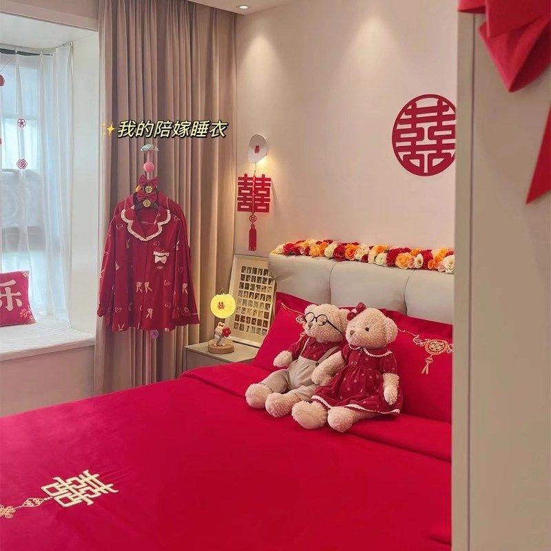 中式婚庆四件套大红色新婚床单被套结婚床上用品婚房陪嫁喜被,床上用品,婚庆床品套件,淘宝优惠券,粉丝福利购,淘宝优惠卷