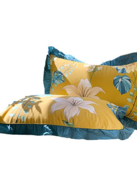 枕套一对装纯棉100全棉黄色荷叶边带花边J枕头套家用2022新款夏季