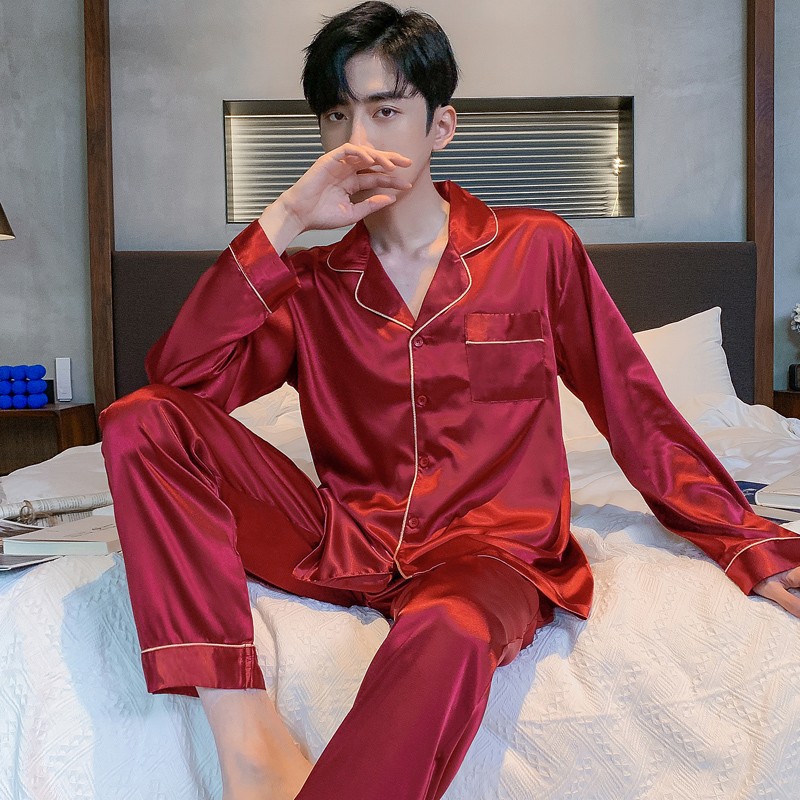 睡衣男士春秋季长袖冰丝薄款秋天休闲韩版宽松大码红色家居服套装