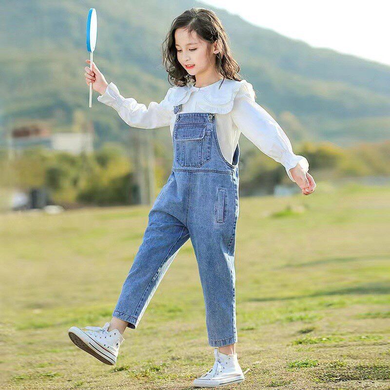 韩版童装女童牛仔背带o裤儿童洋气中大童宽松时尚女孩背带裤两件