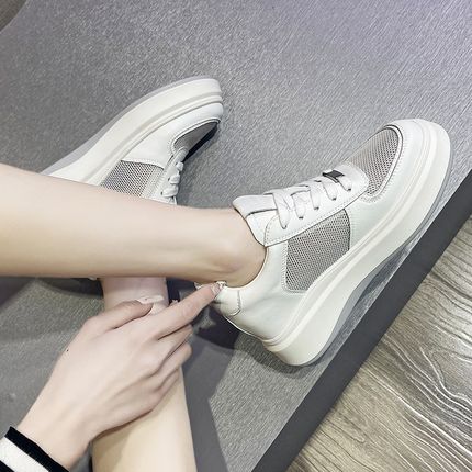 小码31 32 33真皮内增高网面小白鞋女系带夏季薄款透气厚底板鞋34