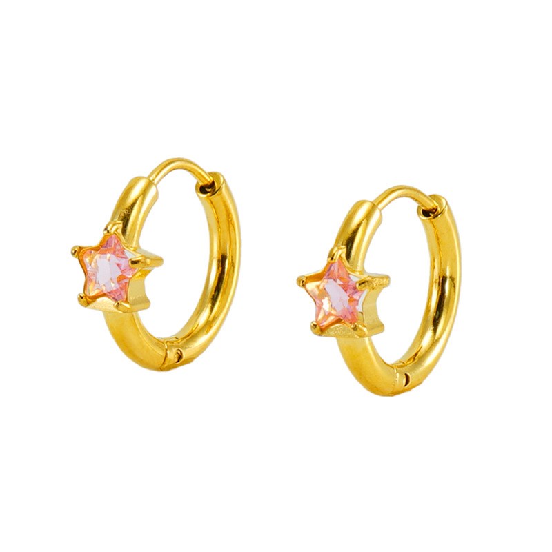 欧美INSc风不锈钢/红/绿/白/粉/五角星耳扣锆石耳环钛钢圆形耳圈