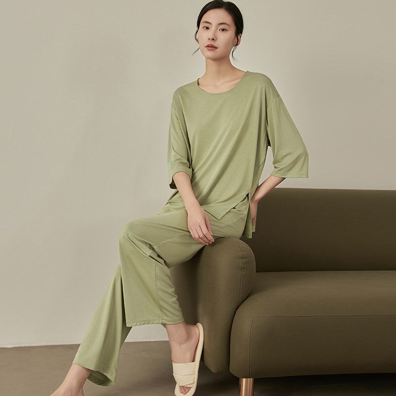 七分袖睡衣女款夏季铜氨丝开叉中袖长裤薄款夏天可外穿家居服套装