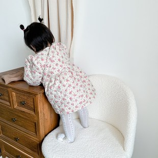 女童冬装 连衣裙婴儿保暖夹棉衣服宝宝洋气碎花公主裙加厚可爱裙子