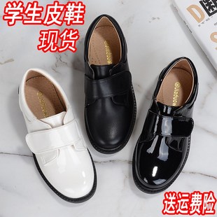 春秋尖頭魔術貼軟底亮光面學生正裝 皮 男m童單鞋 兒童白色黑色皮鞋