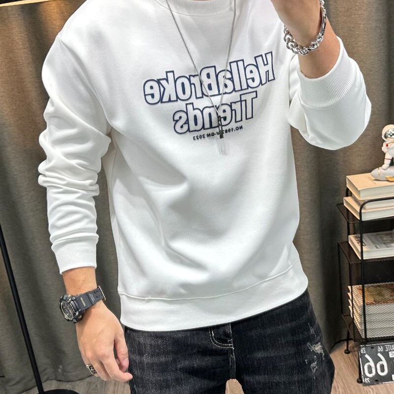 潮牌字母印花厚棉T男秋冬新款高端男装修身套头长T袖上衣休闲衣服