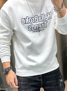潮牌字母印花厚棉T男秋冬新款高端男装修身套头长T袖上衣休闲衣服
