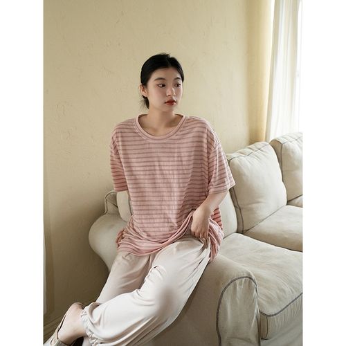 亚麻45棉55条纹针织休闲宽松T安妮森林大码女装圆领短袖顺滑透气