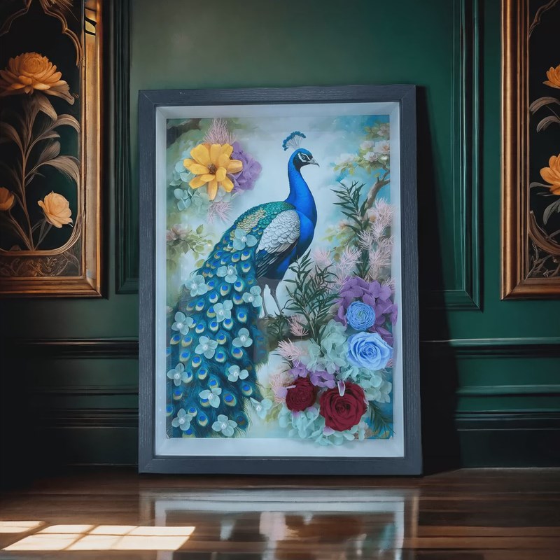 精选孔雀花艺相框摆件客厅玄关装饰E画轻奢新中式立体挂墙创意壁图片