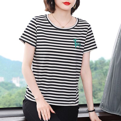 妈妈纯棉短袖t恤女细横条纹半袖衫夏装2025新款宽松大码显瘦上衣