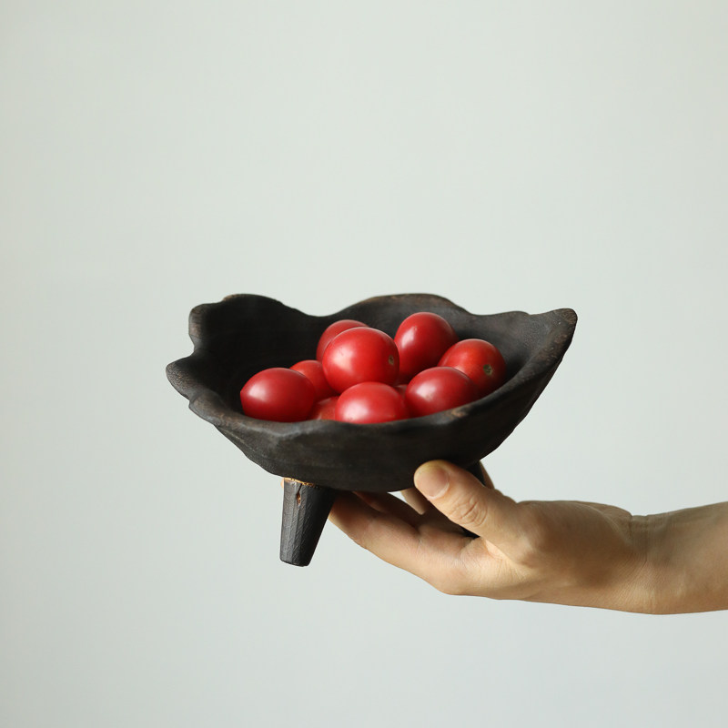 不规则花边d波浪边手工艺术果盘实木高脚款室内装饰空间艺术摆件