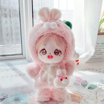 20cm棉花娃娃衣服粉红色兔耳朵娃衣毛绒绒大衣包包鞋X子套装冬现