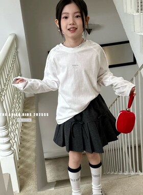 熙爱2025春秋季新款女童蕾丝拼接长袖T恤宽松阔版简约好搭25831