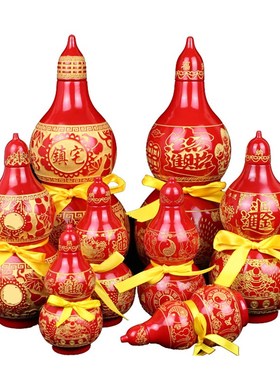 桃木彩绘葫芦镇宅开盖红色雕刻葫芦家居可装固体招财摆件不可装水
