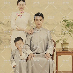 新款亲子全家福j拍照服装佟大为关悦一家五口中国风古装长衫旗袍