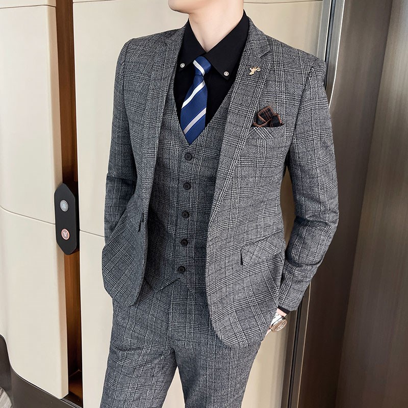 西服套装男修身休闲商务正装新郎结婚礼服高级感格子西装外套潮流