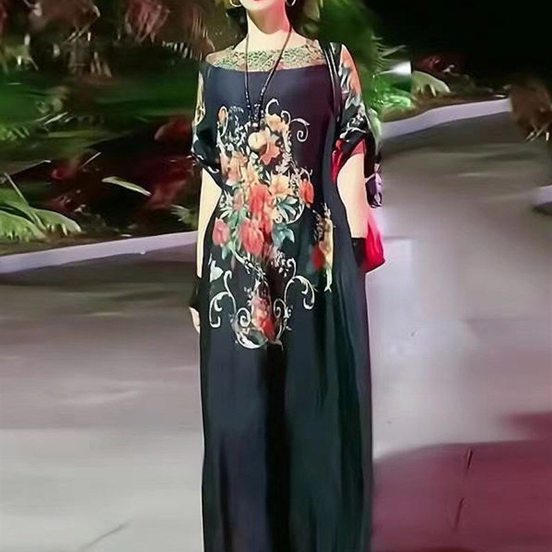高端大牌阔太太贵夫人印花连衣裙时尚洋气大版妈妈裙子宽松大码夏