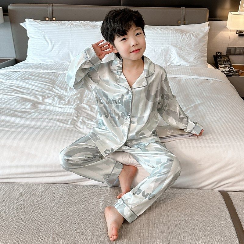 男童睡衣冰丝长袖套装春秋薄款儿童家居服夏款帅气男孩空调服开衫